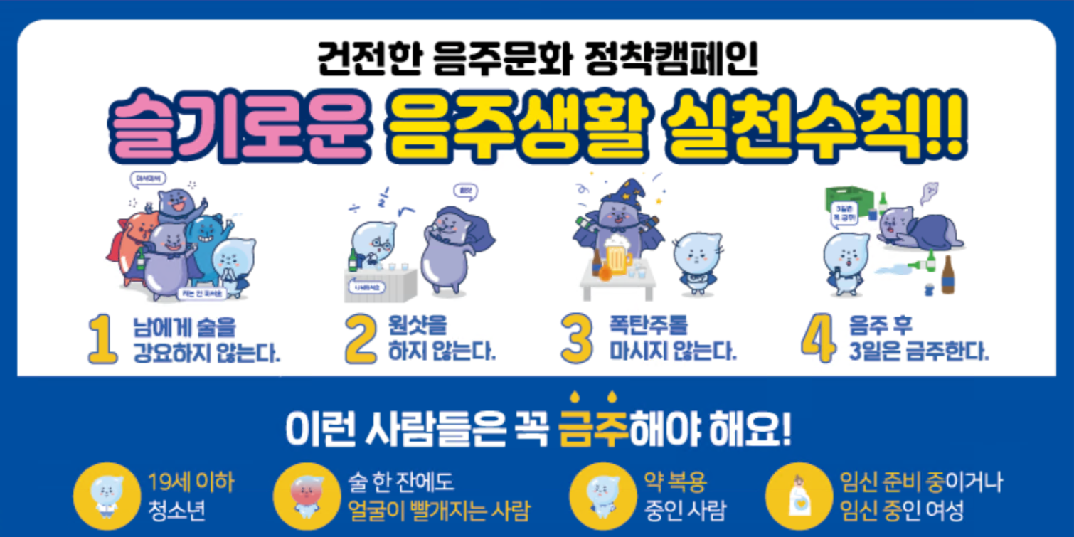 건전한 음주문화 정착캠페인 슬기로운 음주생활 실천수칙. 1. 남에게 술을 강요하지 않는다. 2. 원샷을 하지 않는다. 3. 폭탄주를 마시지 않는다. 4. 음주 후 3일은 금주한다. 이런사람들은 꼭 금주해야 해요. 1. 19세 이하 청소년
2. 술 한잔에도 얼굴이 빨개지는 사람, 3. 약 복용 중인 사람, 4. 임신 준비 중이거나 임신 중인 여성