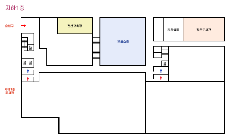 지하1층-작은도서관(책마을), 전산교육장, 리허설룸, 대기실, 기록관, 통제실, 지하주차장