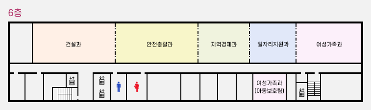 6층- 건설과,  안전총괄과, 지역경제과, 일자리지원과, 여성가족과, 여성가족과(아동보호팀)