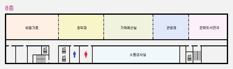 8층-총무과, 기획예산실, 관광과, 문화도서관과, 소통감사실, 비둘기홀